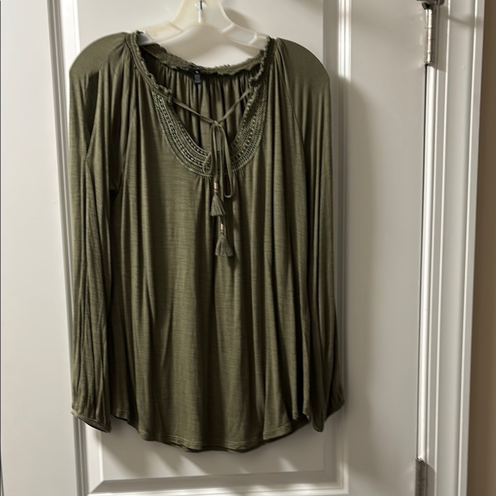White House Black Market Olive Blouse with Tassel Tie